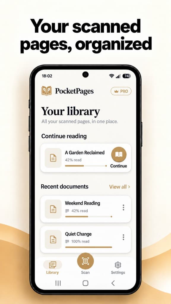 PocketPages document library showing recent documents and reading progress.