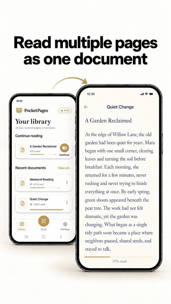 PocketPages library and reader screens showing several scanned pages combined into one continuous document.