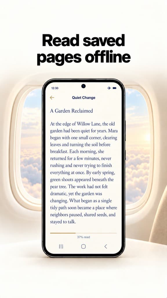 A saved PocketPages document open on a phone in front of an airplane window.