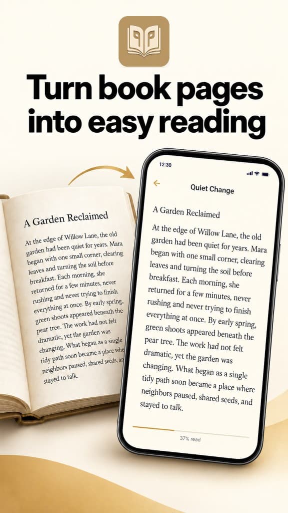 A printed book page beside the PocketPages reader showing the same passage as continuous text.