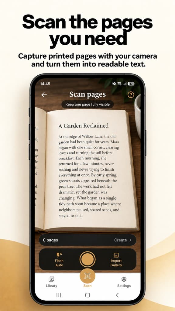 PocketPages scan screen framing a printed book page for capture.