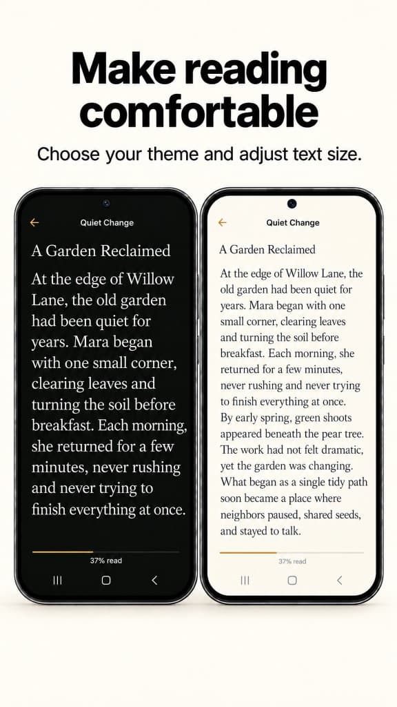 PocketPages reader shown in dark and light themes with different text sizes.